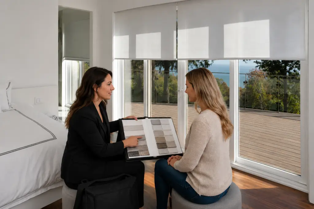 Two women sit on stools in a bright bedroom, looking at a fabric sample book. One woman points to the samples while the other listens. Large windows show a deck and trees outside.
