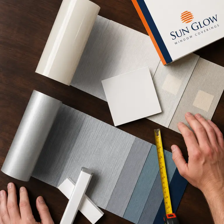 Hands compare fabric swatches, rolls, and color samples for window coverings. A yellow measuring tape and a Sun Glow booklet are on a wooden table.