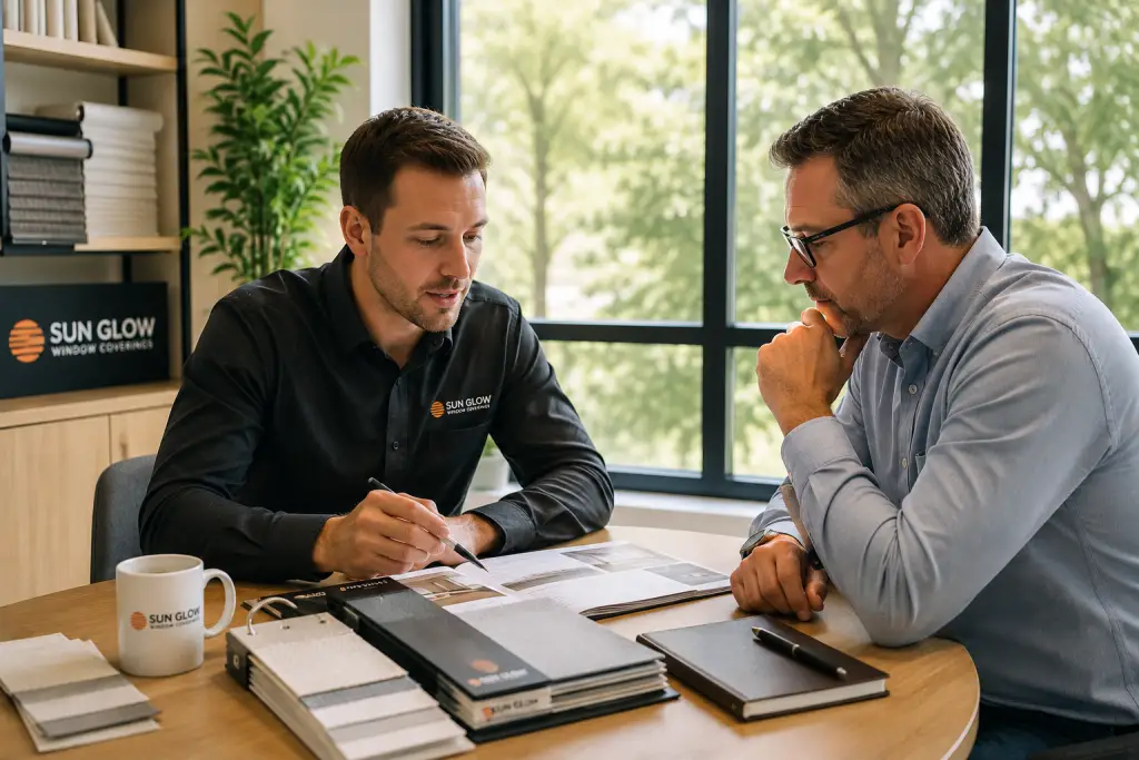 Two men sit at a round table by a window, discussing documents and fabric samples. One wears a Sun Glow Window Coverings shirt. Notebooks, a mug, and a plant are on the table and shelves.