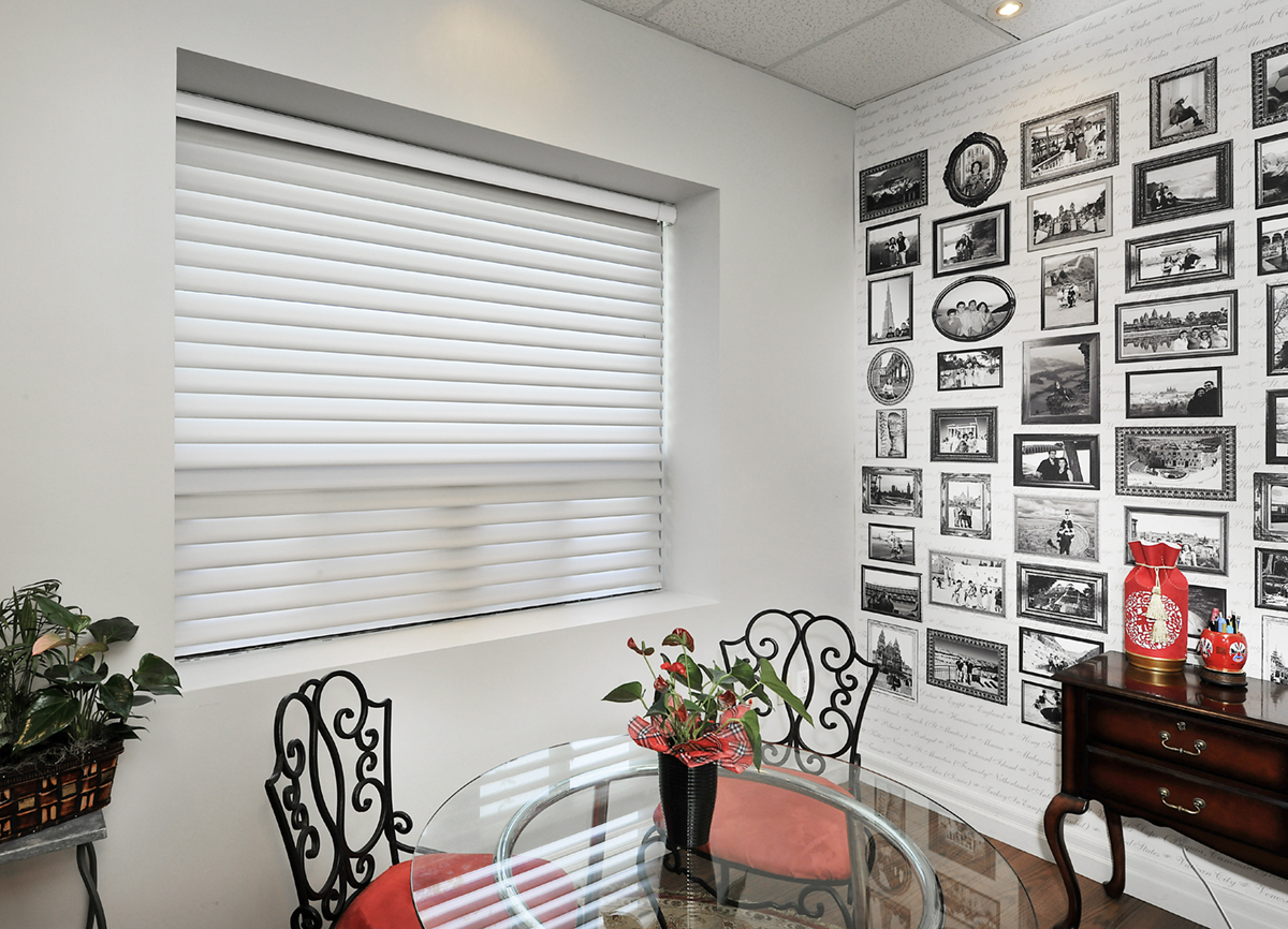 Dining room with woven shades